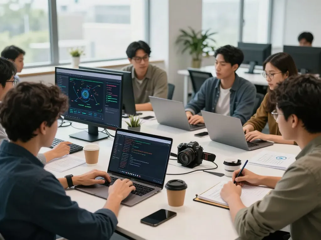 v2rayN官网 collaborative tech workspace with developers coding and brainstorming