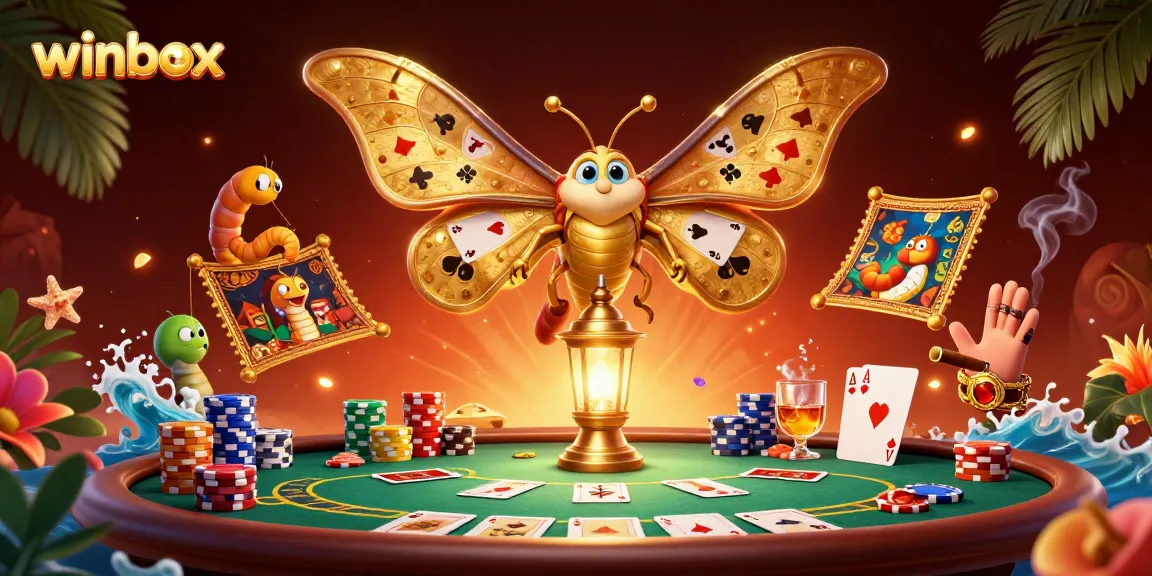 Winbox players enjoy thrilling poker games amidst golden moths and vibrant casino elements.
