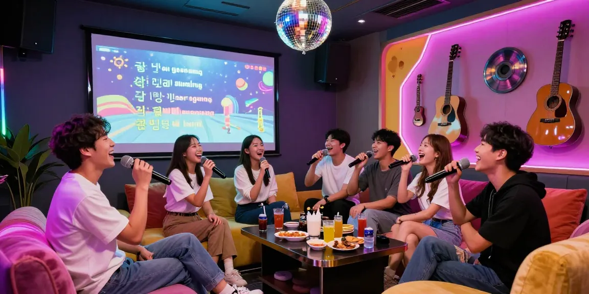 Friends enjoying a lively night at 강남노래방 with vibrant lighting and fun karaoke vibes.