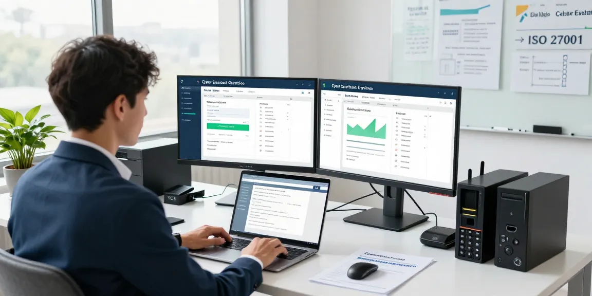 IT professional analyzing compliance metrics for cyber essentials vs iso 27001 in modern workspace