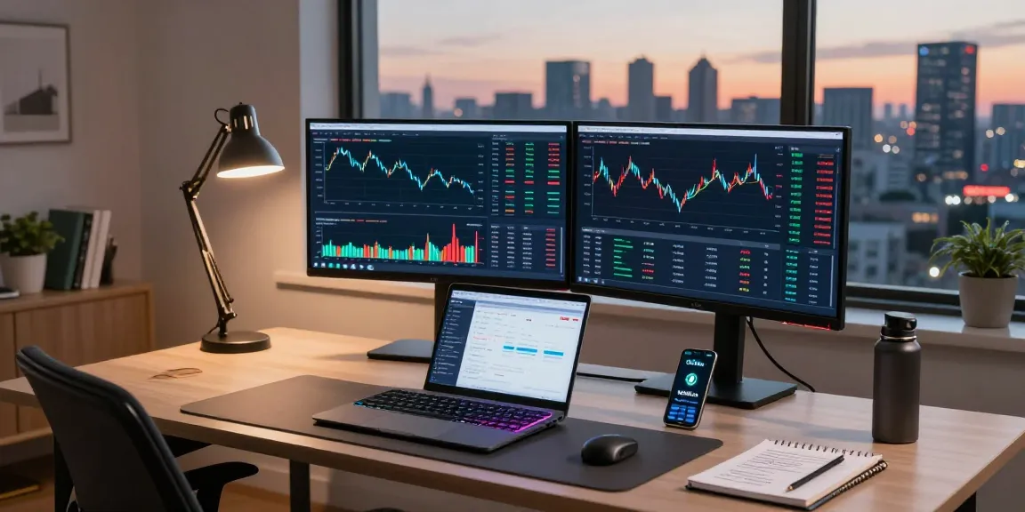 oklo stock trading chart analysis in a modern cryptocurrency workspace with monitors and DeFi data