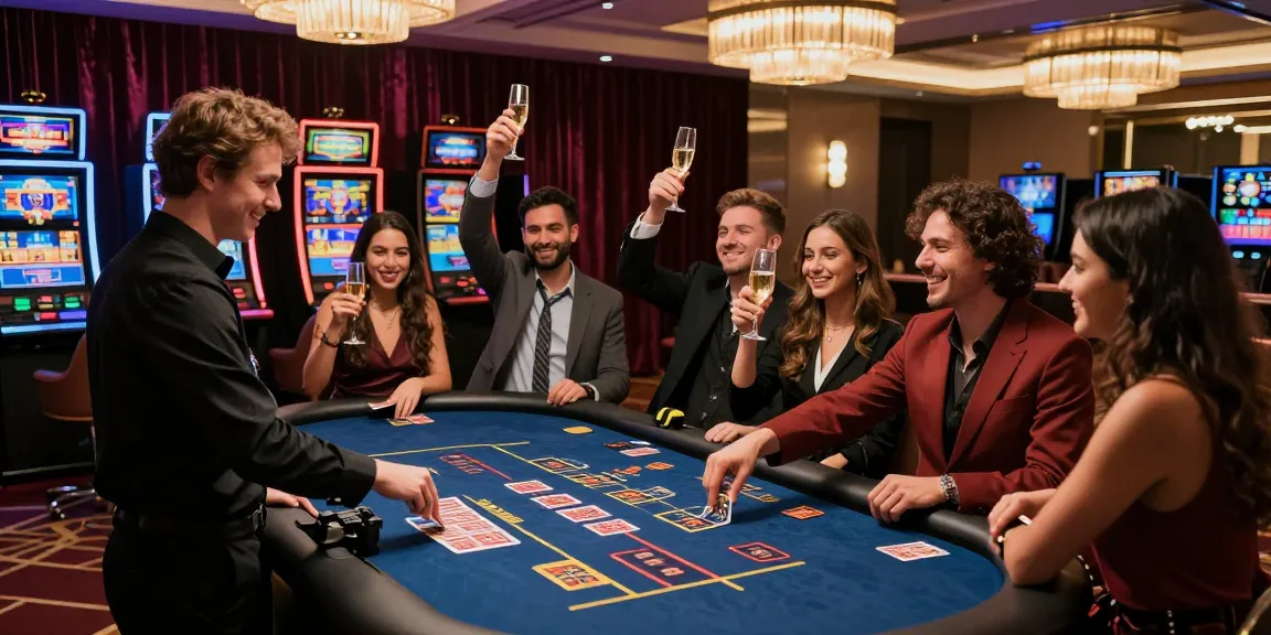Découvrez l'excitation du meilleur casino en ligne avec des amis célébrant une victoire dans un cadre haut de gamme.