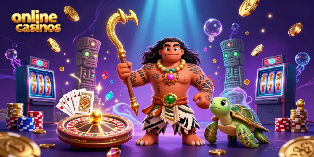 Experience the vibrant world of online casinos with this dynamic illustration of a demigod and turtle amidst gaming elements.