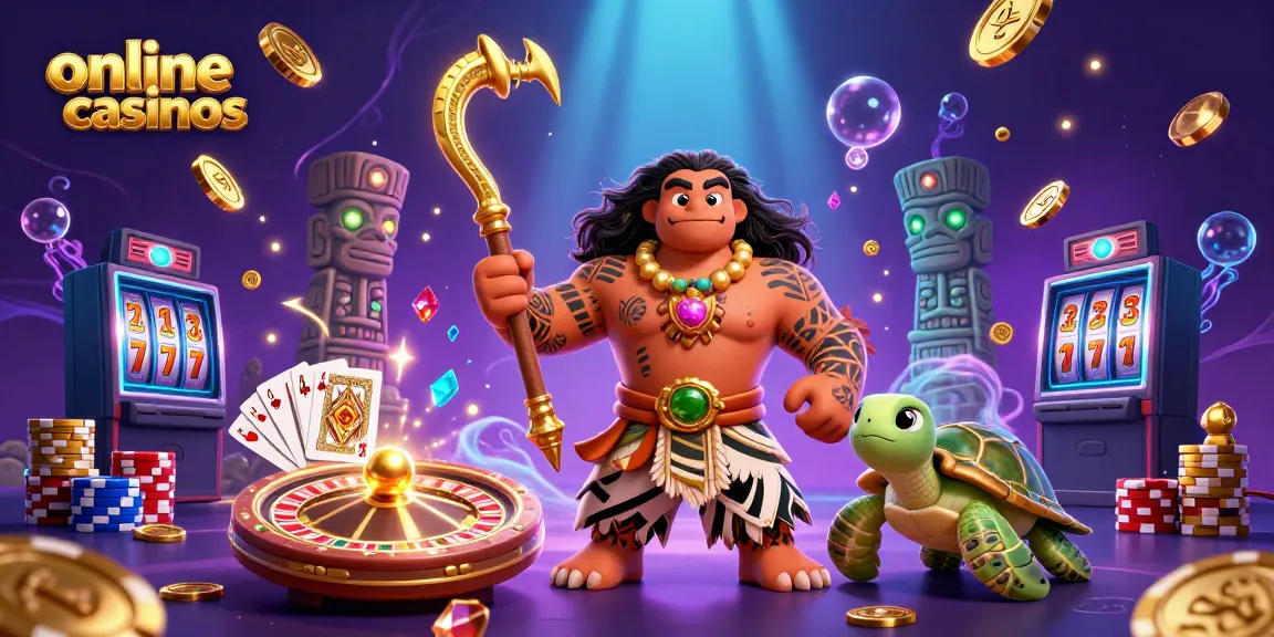 Experience the vibrant world of online casinos with this dynamic illustration of a demigod and turtle amidst gaming elements.
