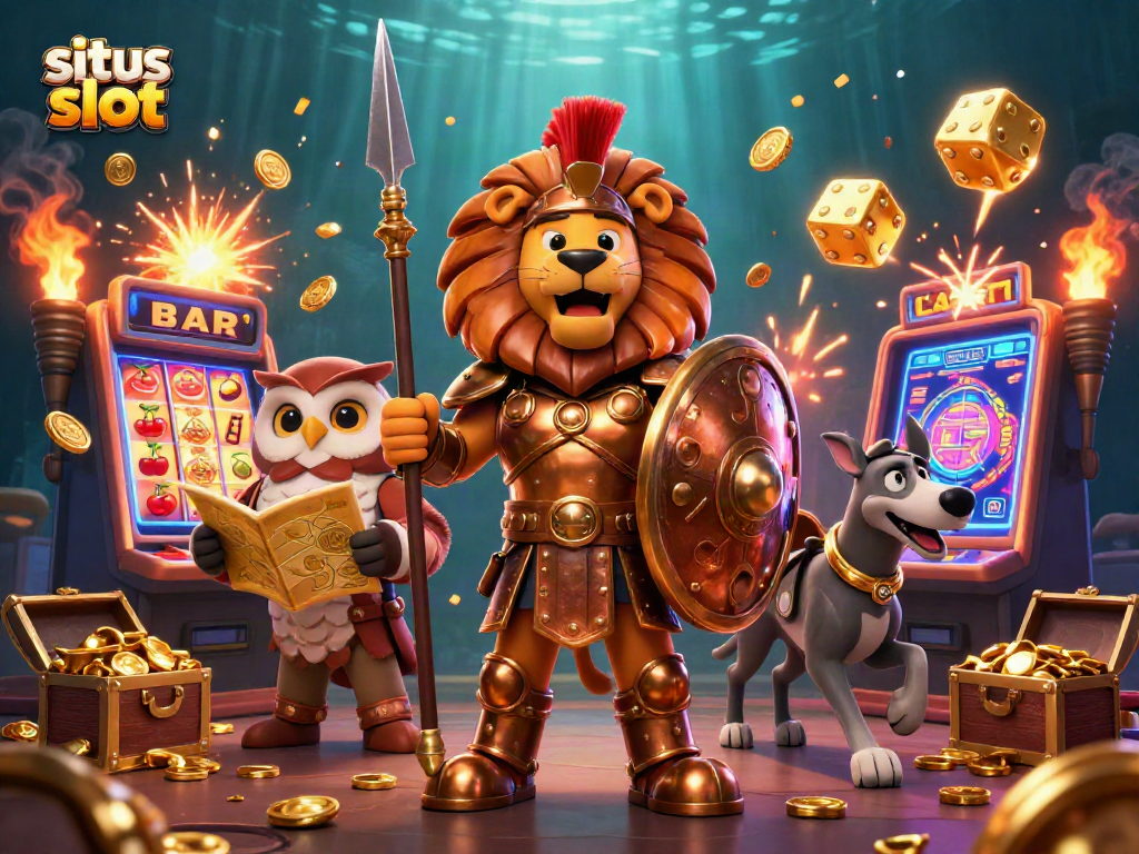 Experience vibrant situs slot action with Spartan lion and owl strategist in a dynamic casino scene.