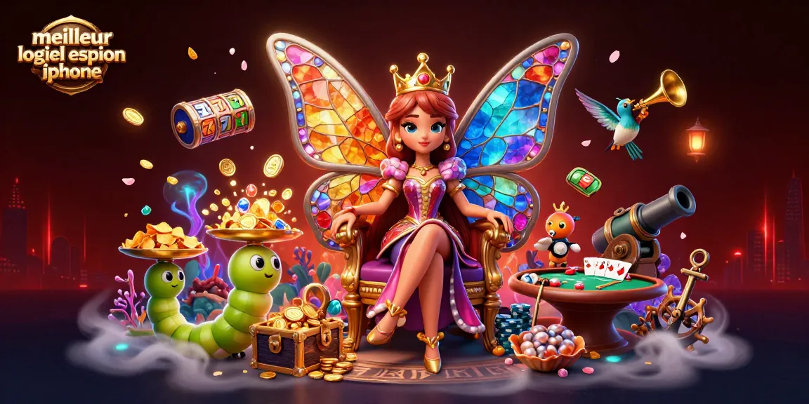 Surveillez le meilleur logiciel espion iPhone avec une reine papillon et des éléments de jeu animés.