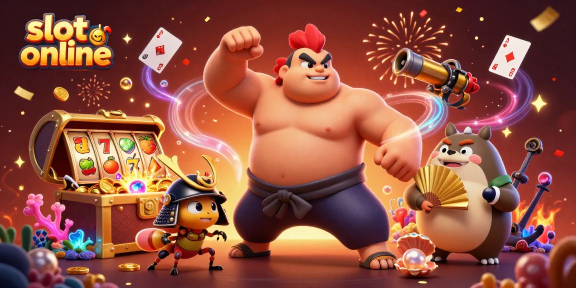 Engage with slot online excitement featuring a sumo wrestler rooster and treasures in a vibrant 3D scene.