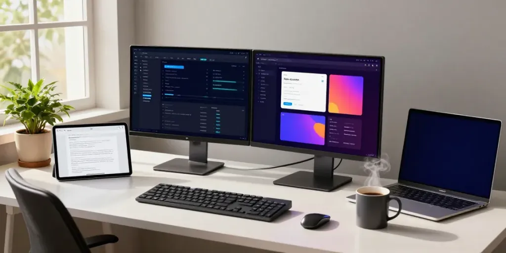 Workspace of Android developer at h5.2113.net with dual monitors and tech setup.