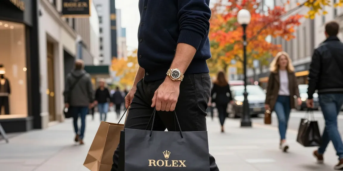 Stylish individual showcasing a Rolex super clone watch while shopping in a luxury urban setting.