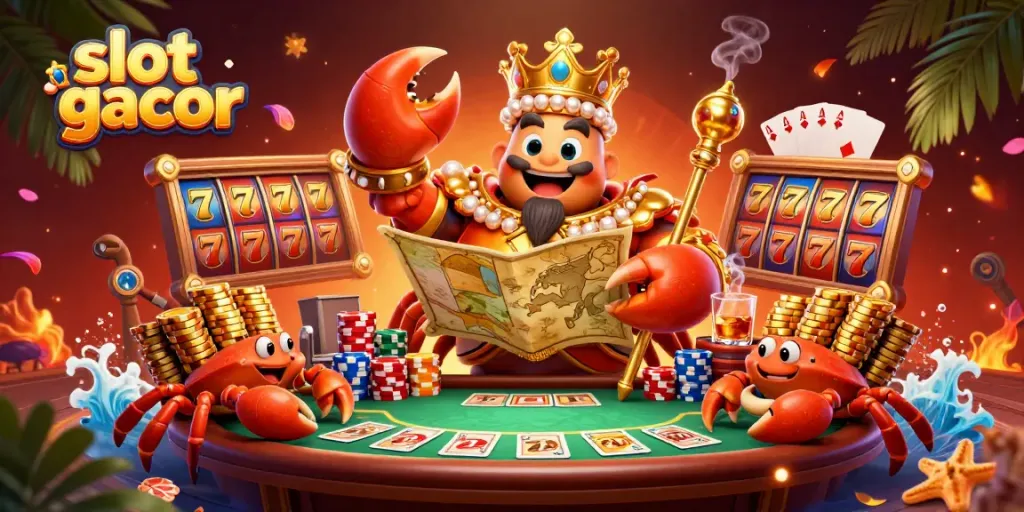 Menangkan slot gacor dengan ilustrasi kartun 3D kepiting emas yang memegang peta harta dan tongkat kekuasaan di lingkungan kasino.