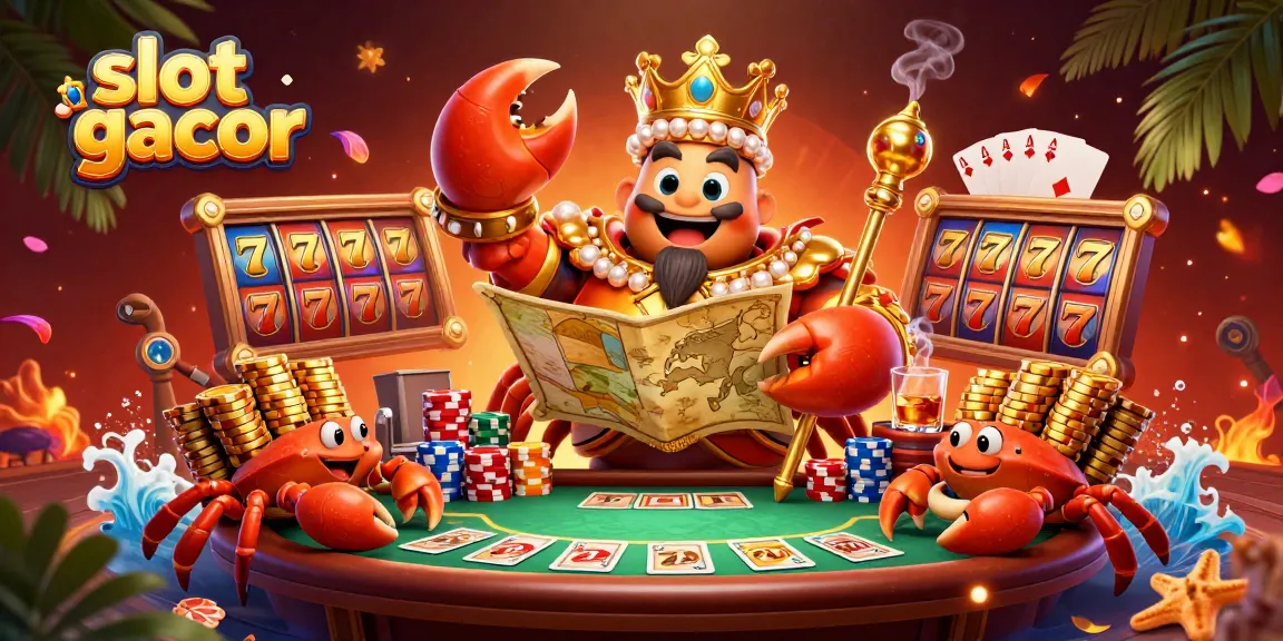 Menangkan slot gacor dengan ilustrasi kartun 3D kepiting emas yang memegang peta harta dan tongkat kekuasaan di lingkungan kasino.