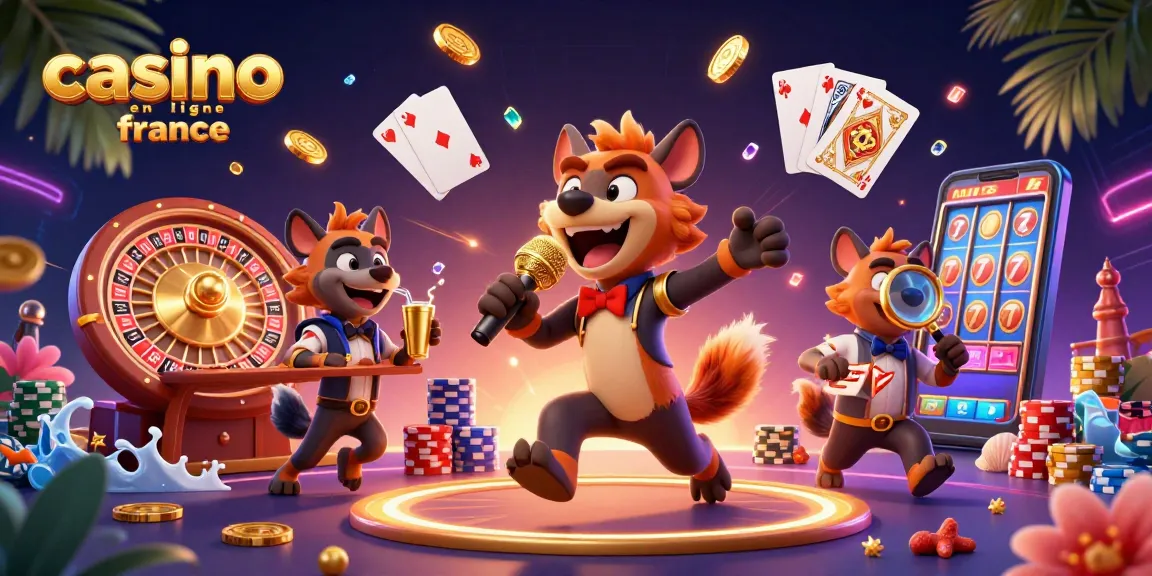 Jouez au casino en ligne France avec des hyènes humoristiques dans une illustration animée dynamique.