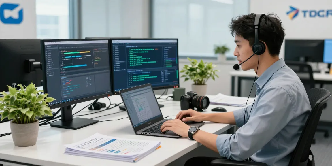 Telus-Technical-Support team member assisting customers in a modern office environment with multiple monitors and professional tools.