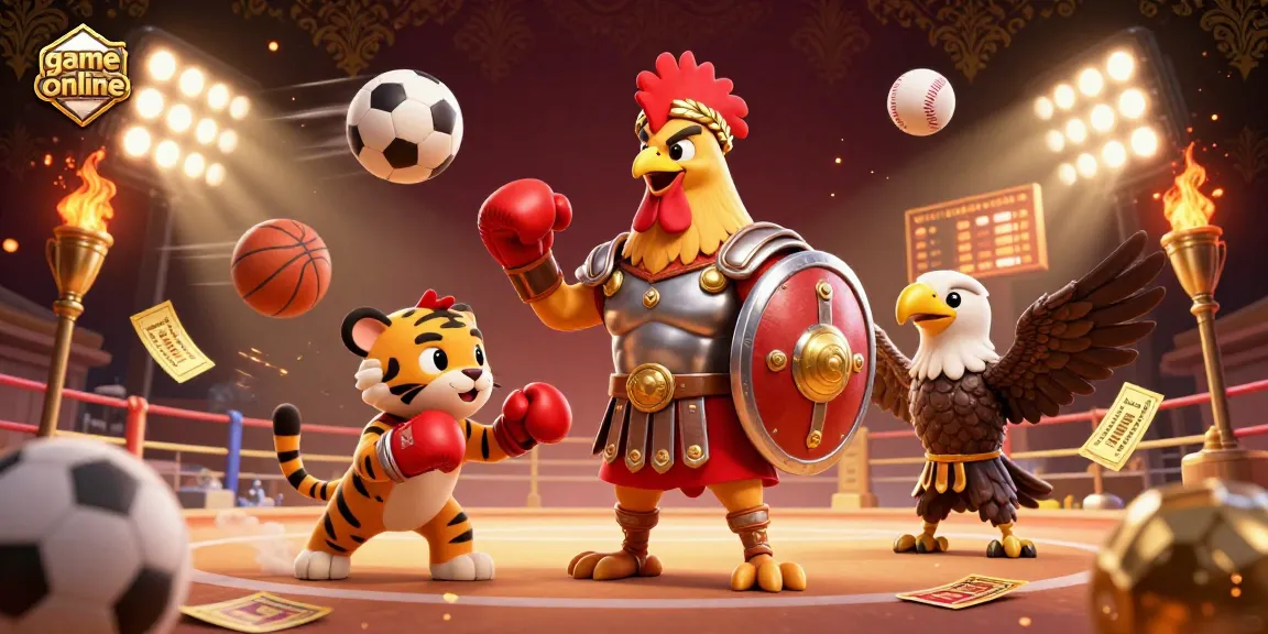 Engage in thrilling game online action with a gladiator rooster and tiger cub in a rich casino arena.