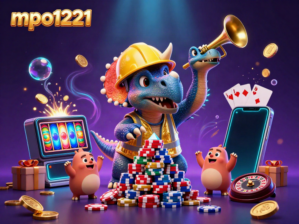 Build a pyramid of poker chips with mpo1221 in a vibrant 3D casino celebration scene.