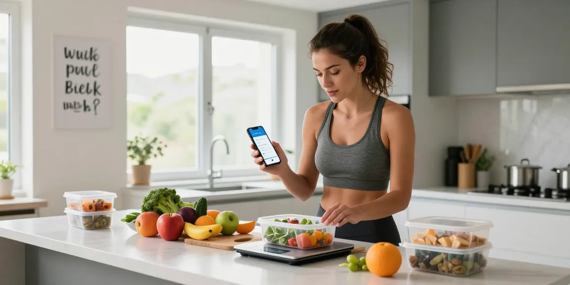 Young woman planning meals with the best AI calorie tracker in a modern kitchen