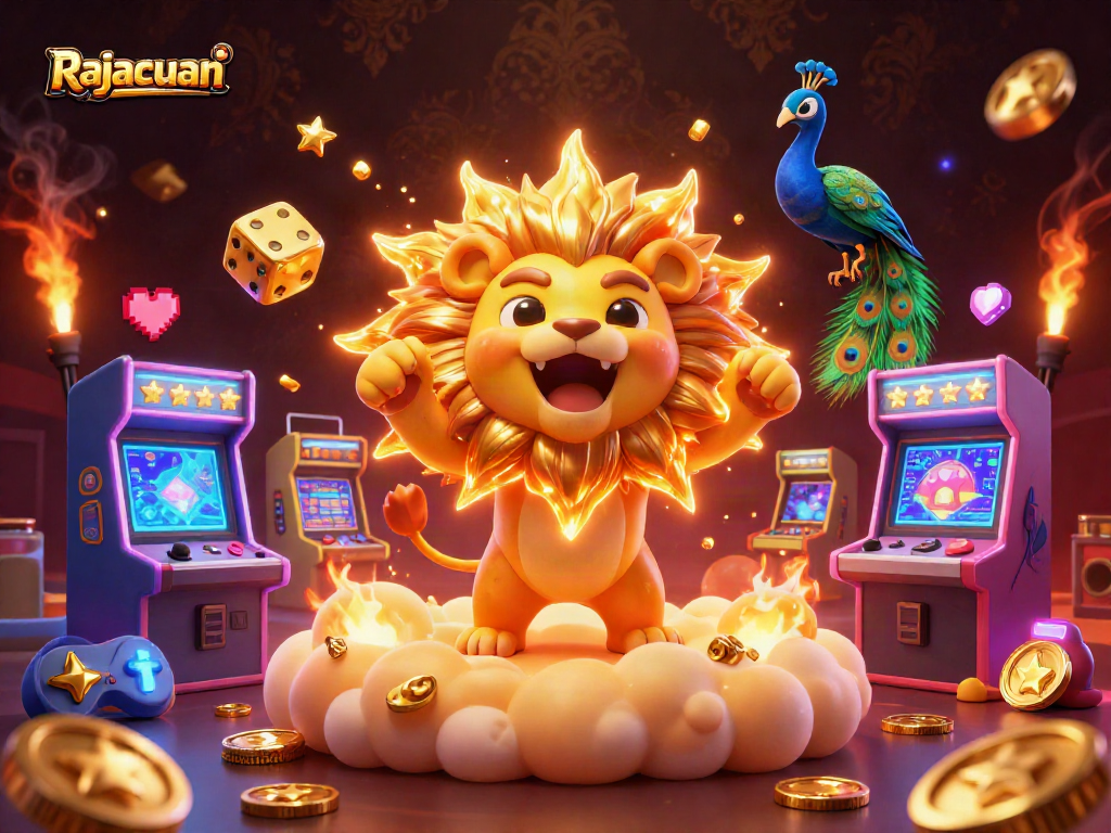 Engage with Rajacuan’s thrilling atmosphere featuring a roaring lion and dynamic gaming elements!