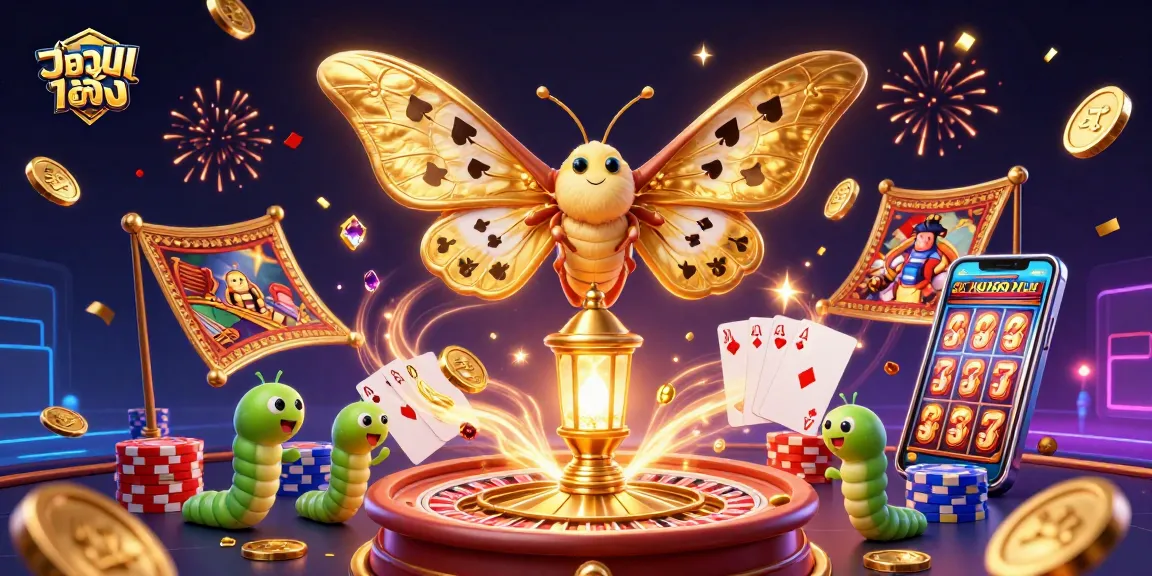 แทงบอลเต็ง with vibrant golden moths and casino elements swirling around in a dynamic scene.