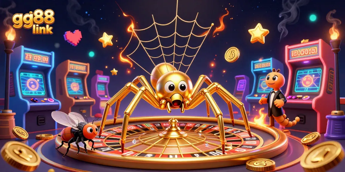 Engage with the gg88 link as the golden spider spins a roulette wheel in this vibrant casino scene.