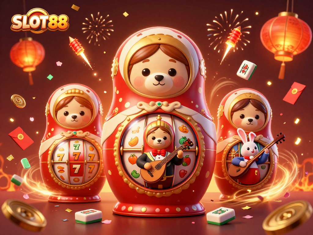 SLOT88 memainkan slot menarik dengan simbol keberuntungan yang mengelilingi karakter kasino berwarna-warni.
