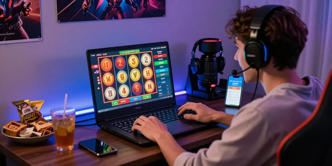 Excited player enjoying slot depo 1k game on laptop in cozy gaming room.