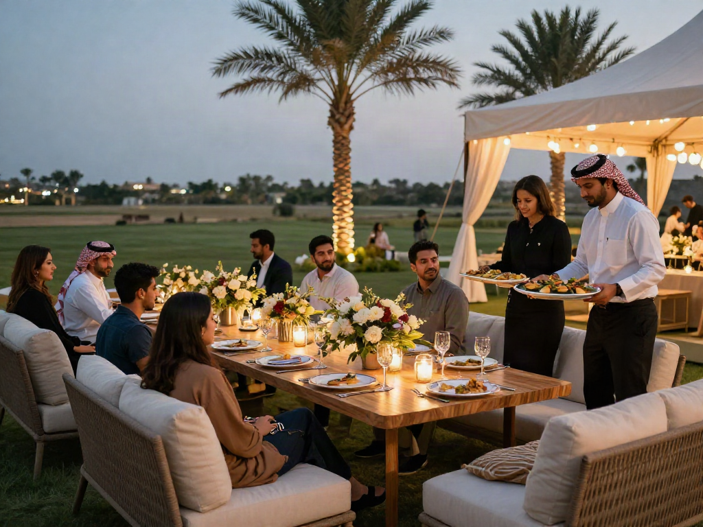 Stylish outdoor gathering showcasing Event rental ksa with elegant tent, decor, and attendees celebrating.