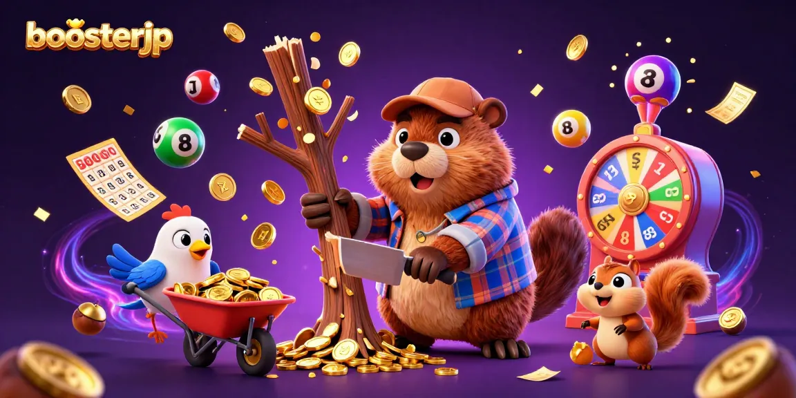 Join the action at boosterjp with a beaver chopping a money tree showering gold coins in this vibrant casino scene.