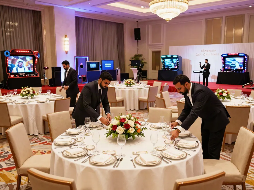 Event rental ksa setup for a luxurious corporate gathering in Saudi Arabia, featuring premium decor and AV technology arrangements.