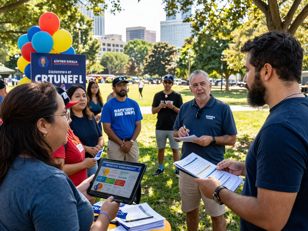 Engaging outdoor scene with a candidate discussing political text messaging service strategies with voters, illustrating effective campaign outreach.