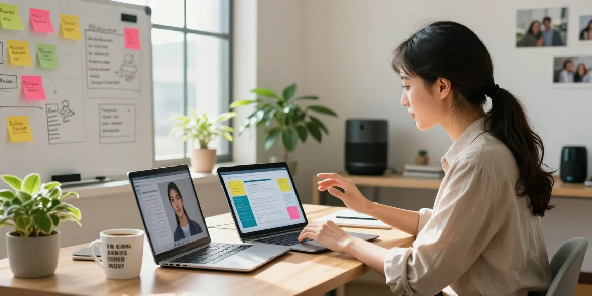 Engaging with an AI gf in a modern home office setting, showcasing interaction and innovation.