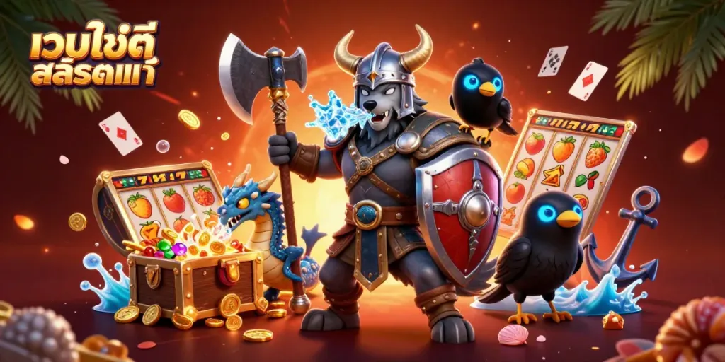 ภาพวาด 3D เว็บไซต์สล็อตแท้ โดยมีนักรบหมาป่าวiking, มังกร, และนกกาเป็นตัวละครหลัก