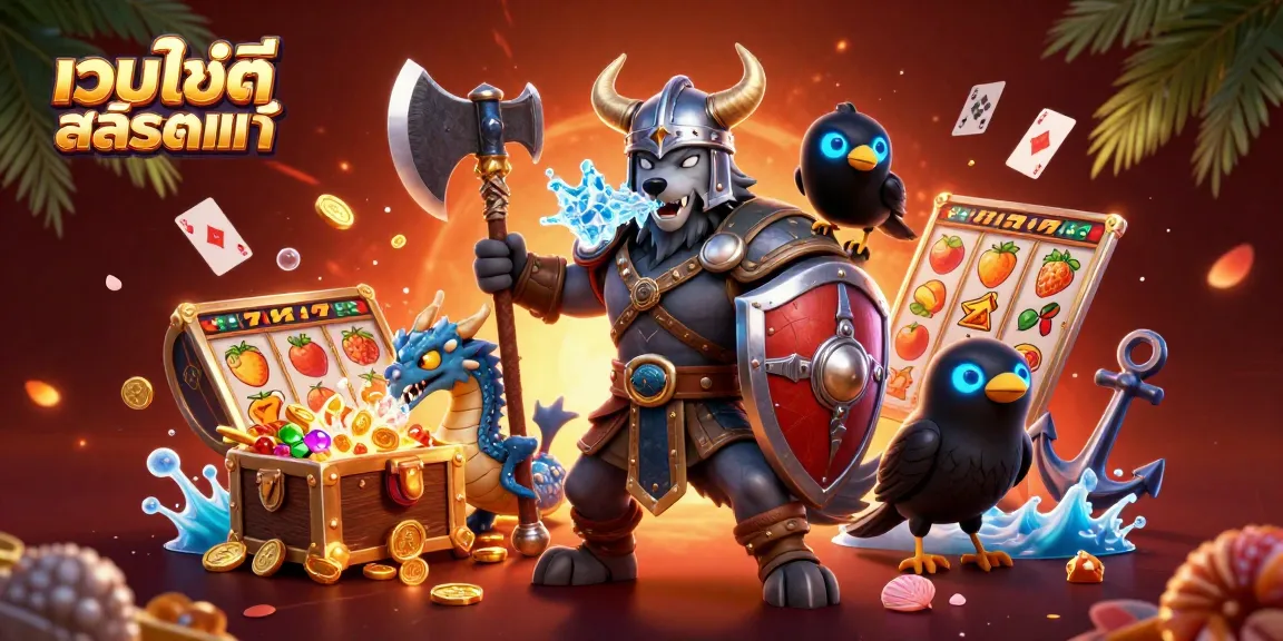 ภาพวาด 3D เว็บไซต์สล็อตแท้ โดยมีนักรบหมาป่าวiking, มังกร, และนกกาเป็นตัวละครหลัก