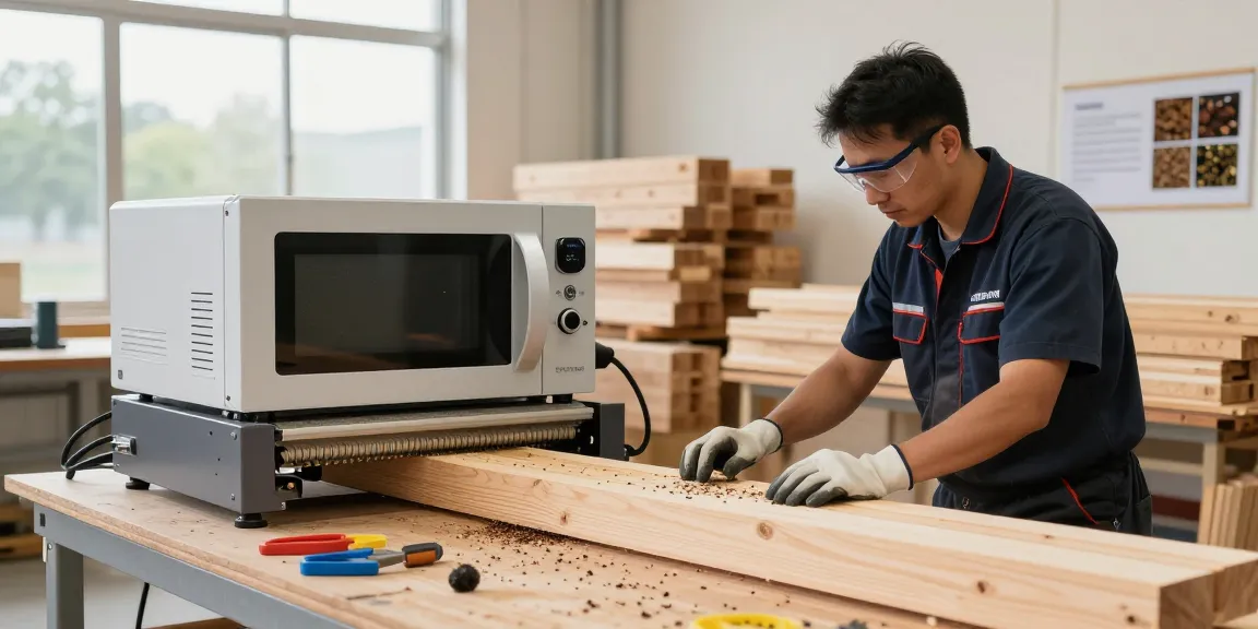 SHASHEL® microwave device eliminating wood-boring insects in a modern workshop setting.
