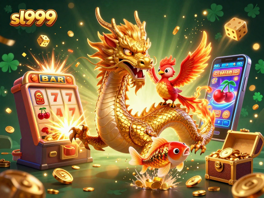 Spin to win with sl999 in an exciting, dynamic casino scene filled with rich symbols and characters.