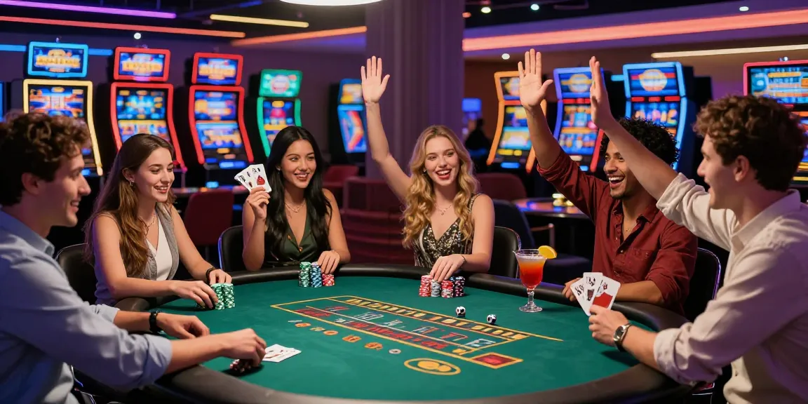 Exciting gambling scene with friends at a poker table enjoying rokok88 super while celebrating wins.