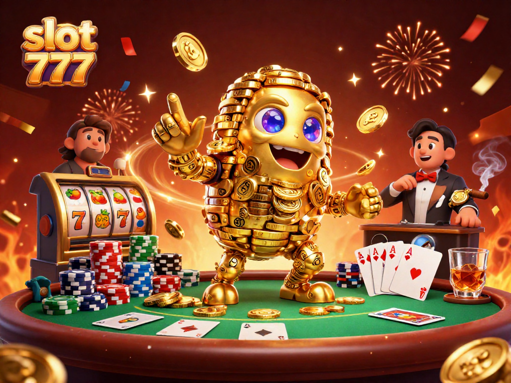 Experience the excitement of slot 777 games with a dynamic 3D illustration showcasing lively casino elements.