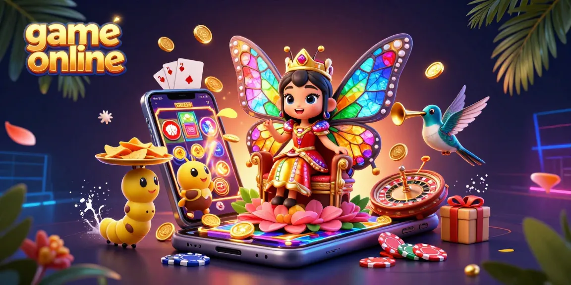 Experience vibrant game online excitement with butterfly queen, chips, and slot reels.