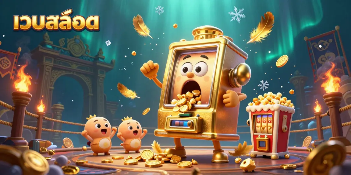Engaging scene of เว็บสล็อต with a golden slot machine hitting a jackpot surrounded by coins and baby machines.