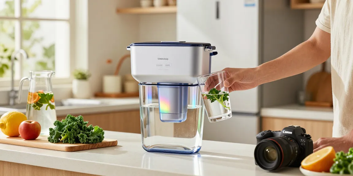 Waterdrop Alkaline DA97-17376B Water Filter enhancing clear water in a modern kitchen setting.