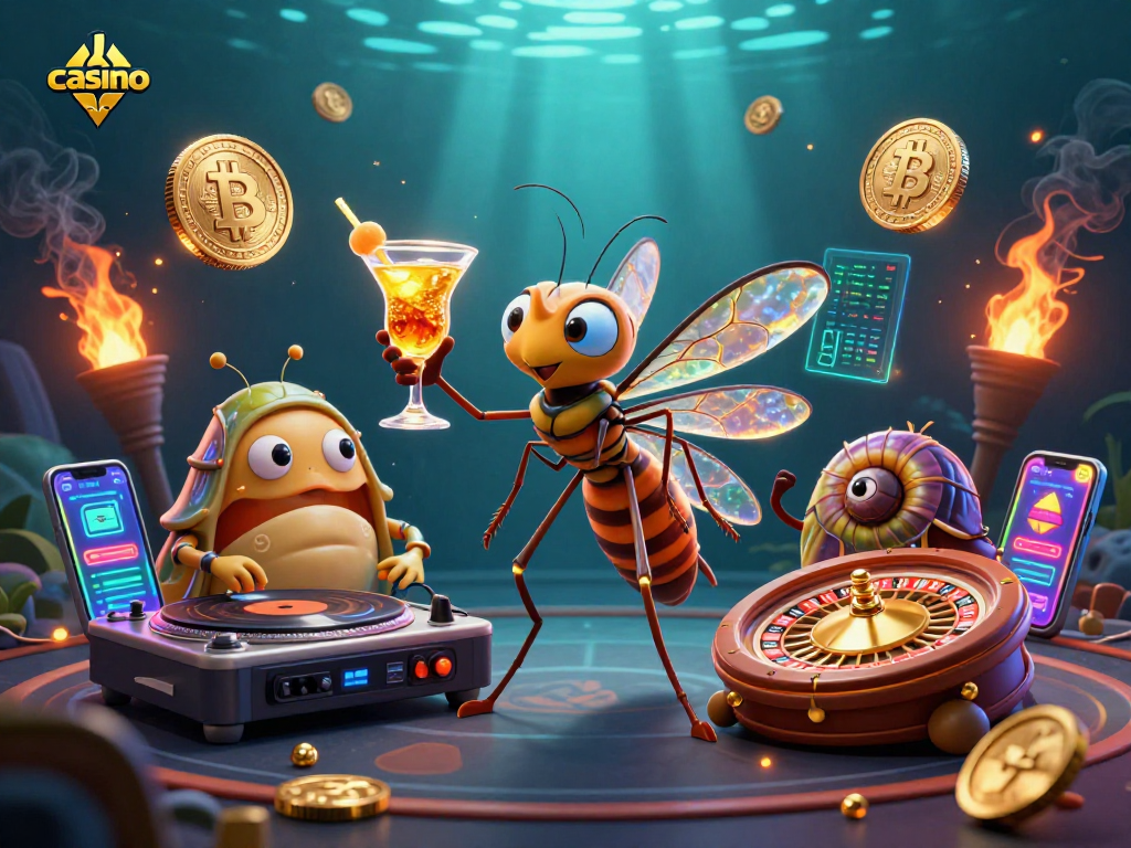 Engage with casino excitement as a frozen mosquito mascot brings life to the gaming scene.