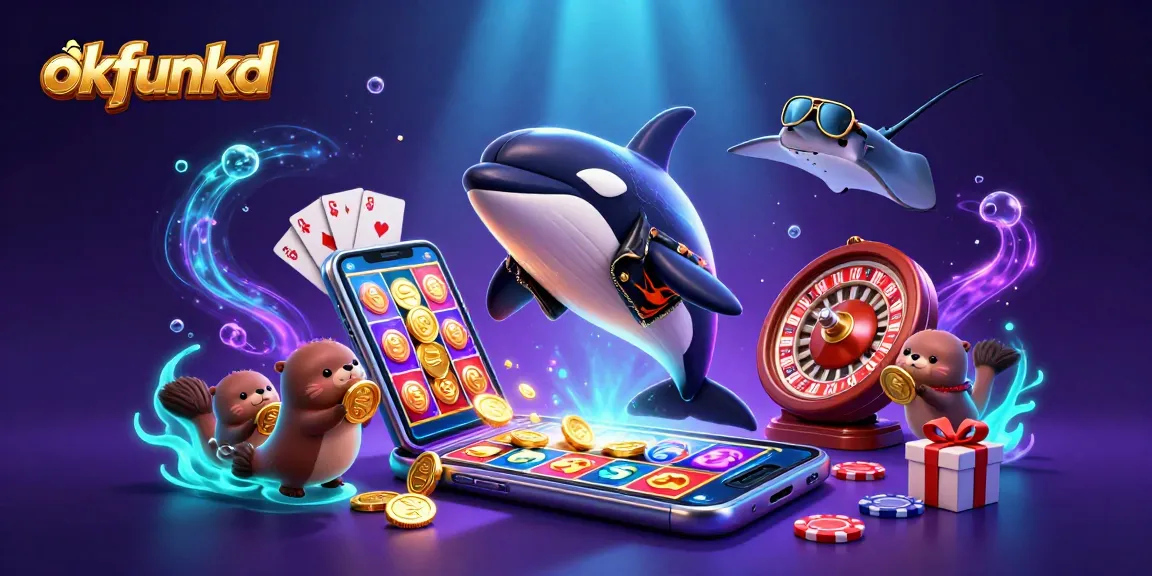 Experience exciting wins with okfunkd, as vibrant 3D characters celebrate around slot games and poker elements.