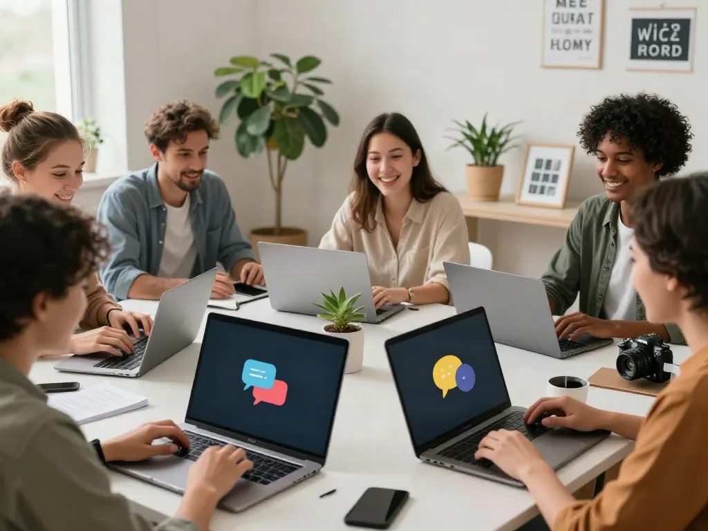Engaging online community conversation around rokok88 rtp, showcasing diverse individuals connecting through technology.