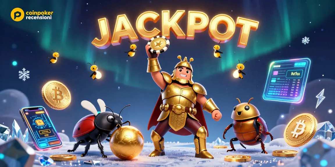 coinpoker recensioni: eroe scarabeo in armatura dorata celebra vincita con chip mentre danza in un'eccitante atmosfera di gioco