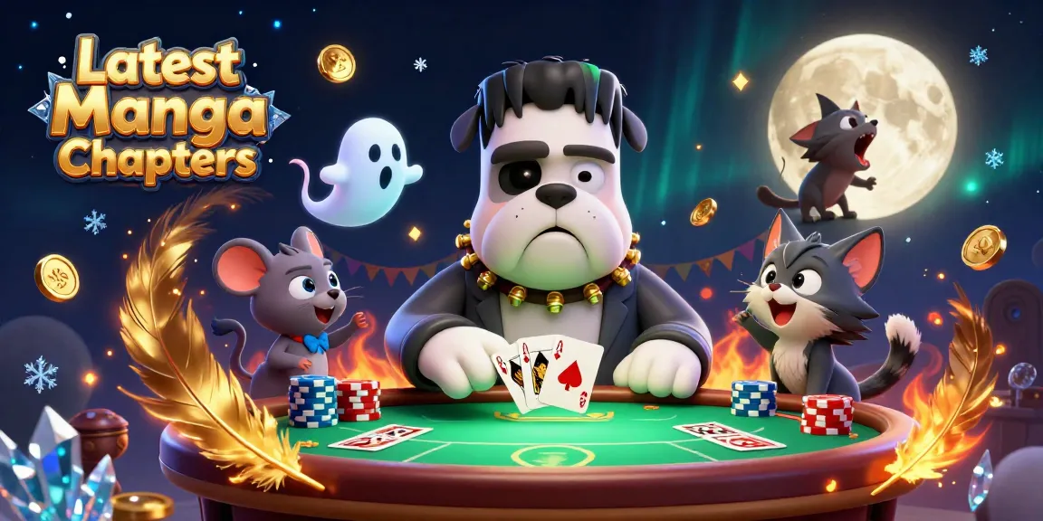 Experience the excitement with Latest Manga Chapters featuring a Frankenstein bulldog dealer at a glowing poker table.