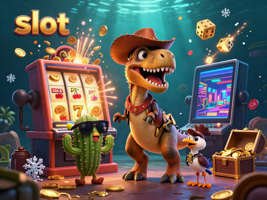 Experience the excitement of slot games with a 3D cartoon T-Rex and friends celebrating a jackpot explosion.