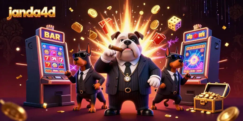 janda4d menampilkan bulldog mafia kartu dan simbol mesin slot dalam ilustrasi kasino yang megah.