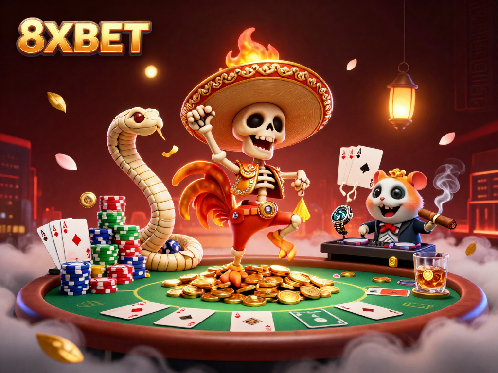 Experience the excitement of 8XBET with a vibrant casino scene featuring a dancing mariachi rooster and a DJ hamster.