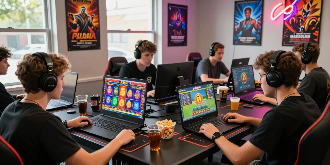 Engaged gaming community exploring link raja328 on laptops with vibrant screens.