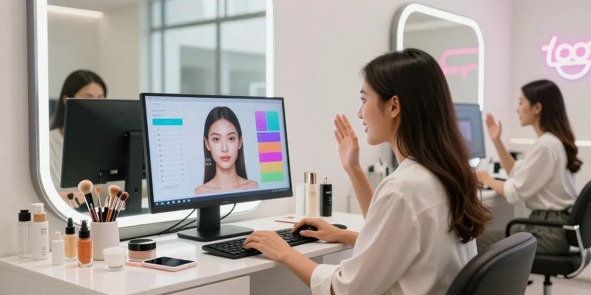 Test of attractiveness in a bright beauty studio, where an individual engages with AI technology.