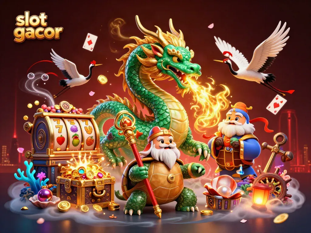 Engaging scene of slot gacor featuring a jade dragon and lucky symbols in a vibrant casino setting